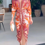 Unique Print Dolman Long Sleeve Ruched Slit Midi Dress