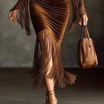 24-Hour-Shipping Brown Velvet Turtleneck Cutout Fringe Long Sleeve Bodycon Dress