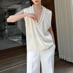 Pearl Flower Large V-Neck Sleeveless Satin Vest