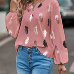 Zeagoo Loose V-Neck Feather Print Notched Neck Balloon Sleeve Shirt for Women Casual Work Office Loose Fit 2026 | Under $40