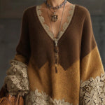 24-Hour-Shipping Brown Ombre Knit Lace Oversized Long Sleeve Mini Dress