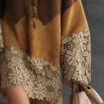 24-Hour-Shipping Brown Ombre Knit Lace Oversized Long Sleeve Mini Dress