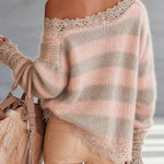 Pink And Taupe Striped Mohair Sweater With Lace Trim