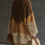 24-Hour-Shipping Brown Ombre Knit Lace Oversized Long Sleeve Mini Dress