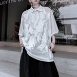Mesh Embroidery Paneled Lapel Shirt