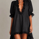 Black Textured Lace Trim Irregular Hem Puff Sleeve Mini Dress
