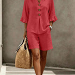 Button-down V-neck Ruffled Top And Shorts Set