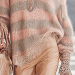 Pink And Taupe Striped Mohair Sweater With Lace Trim