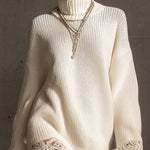 24-Hour-Shipping White Turtleneck Knit Mini Dress With Lace Trim