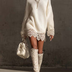 24-Hour-Shipping White Turtleneck Knit Mini Dress With Lace Trim