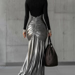 24-Hour-Shipping Black Round Neck Metallic Silver Pleated Maxi Dress