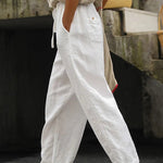 Solid Color Cotton Linen Lace Up Loose Casual Pants