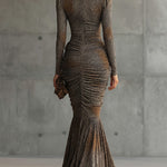 24-Hour-Shipping Brown Leopard Print Pleated Cutout Maxi Dress