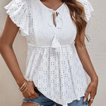 Zeagoo Eyelet Tie-Neck Flutter-Sleeve Top Solid Color Casual Blouse for Women Casual Work Office Loose Fit 2026 | Under $40