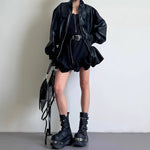 Threaded Elastic Waist Ruffled Leather Jacket