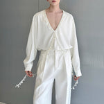French V-neck Beaded Loose Shirt