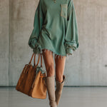 24-Hour-Shipping Green Denim Oversized Pocket Frayed Hem Mini Dress