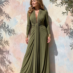 Vimmer | Draped Deep V Neck Long Sleeve Maxi Dress
