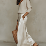 Elegant Knitted Pullover Top and Satin Midi Skirt Set