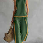 Round Neck Sleeveless Casual Loose Top And High-waisted Wide-leg Pants Set