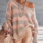 Pink And Taupe Striped Mohair Sweater With Lace Trim
