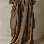 Brown faux cotton linen hooded loose maxi dress