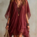 Green Chiffon V-neck Layered Flowy Mini Dress