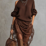 24-Hour-Shipping Chocolate Knit Off Shoulder Tulle Long Sleeve Midi Dress