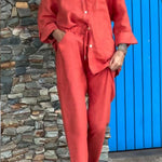 Casual Solid Color V-Neck Shirt & Pants Cotton Linen Two-Piece Set