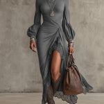 Gray Knitted Lace Hem Puff Sleeve Maxi Dress