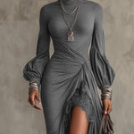 Gray Knitted Lace Hem Puff Sleeve Maxi Dress