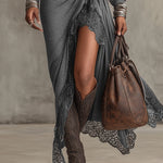 Gray Knitted Lace Hem Puff Sleeve Maxi Dress