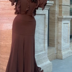 Brown Ruffle Long Sleeve Top & Ribbed Mermaid Maxi Skirt Two-Piece Set