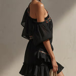 Black Asymmetric Chiffon Embroidered Mini Dress