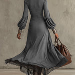 Gray Knitted Lace Hem Puff Sleeve Maxi Dress