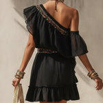 Black Asymmetric Chiffon Embroidered Mini Dress