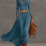 Blue Velvet Mesh Sleeve Maxi Dress With Brown Belt