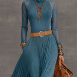 Blue Velvet Mesh Sleeve Maxi Dress With Brown Belt