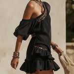Black Asymmetric Chiffon Embroidered Mini Dress