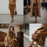 Light Brown Velvet Bodycon Maxi Dress With Chiffon Blouse Set