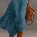Blue Velvet Mesh Sleeve Maxi Dress With Brown Belt