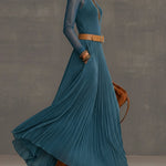 Blue Velvet Mesh Sleeve Maxi Dress With Brown Belt
