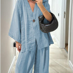 Casual V-Neck Top & Pants Two-Piece Set