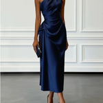 Champagne Satin One-shoulder Sleeveless Ruffled Midi Dress