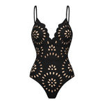 Black Laser Cutting Flower Hollow One Piece Swimsuit and Skirt