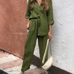Casual Solid Color V-Neck Shirt & Pants Cotton Linen Two-Piece Set