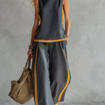 Round Neck Sleeveless Casual Loose Top And High-waisted Wide-leg Pants Set