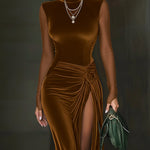 24-Hour-Shipping Emerald Green Velvet Mesh Sleeve High Slit Maxi Dress