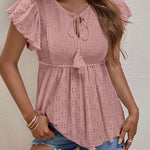 Zeagoo Eyelet Tie-Neck Flutter-Sleeve Top Solid Color Casual Blouse for Women Casual Work Office Loose Fit 2026 | Under $40