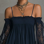 Navy Off-Shoulder Lace Trim Chiffon Mini Dress With Sheer Sleeves
